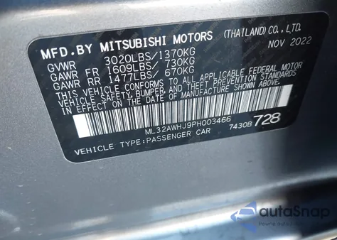 2023 Mitsubishi Mirage Black Edition/Ralliart/Se из США, поврежденный, VIN ML32AWHJ9PH003466